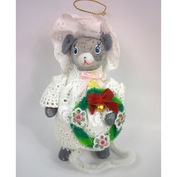 Vintage Wooden Mice Mouse Pipe Cleaner Tail Painted Face Christmas Ornament - Picture 1 of 3